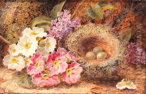 Primroses, Primulas, a Bird's Nest with Eggs, on a mossy Bank Oil Painting - Oliver Clare