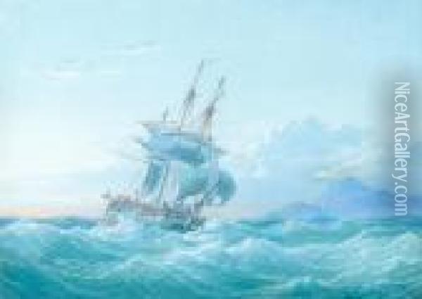 A Naval Frigate In Heavy Seas Off A Rocky Coast Oil Painting - William Joy