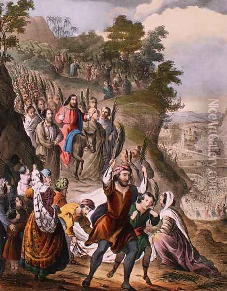Christ's Triumphal Entry into Jerusalem, from a bible, 1870's Oil Painting - Siegfried Detler Bendixen