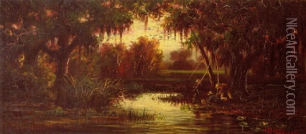 Louisiana Landscape With Three Boys Fishing Oil Painting - William Henry Buck