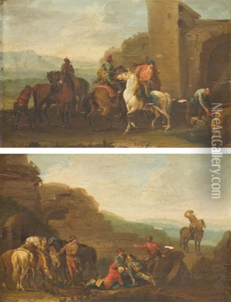 Reiter An Der Tranke (+ Rastende Reiter; Pair) Oil Painting - Franz de Paula Ferg