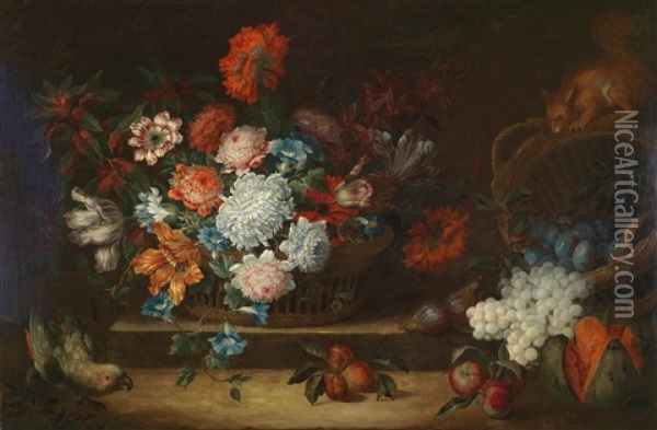 Ein Blumenstillleben Mit Obst, Einem Papagei Und Eichhornchen Oil Painting - Antoine Monnoyer