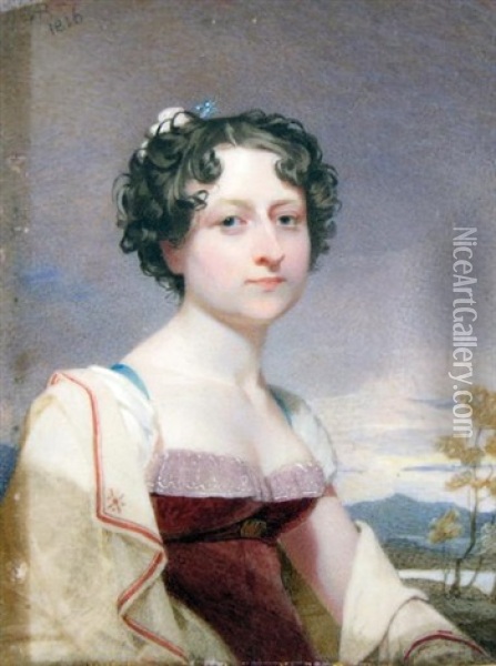 Portrait De Jeune Femme En Robe Rouge Sur Fond De Paysage Oil Painting - Andrew Robertson