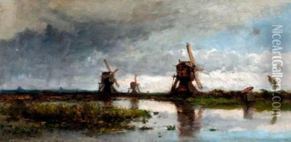 Drie Molens In Weids Polderlandschap Oil Painting - Willem Roelofs