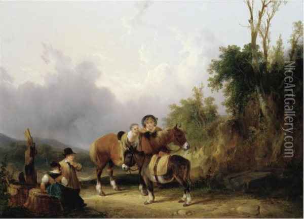 Peasant Family With A Baby Atop A Horse Oil Painting - Snr William Shayer