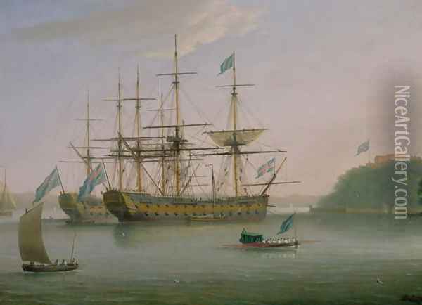 Two British Men of War moored under Mount Edgecomb, Plymouth with the admirals barge returning to shore Oil Painting - Dominic Serres