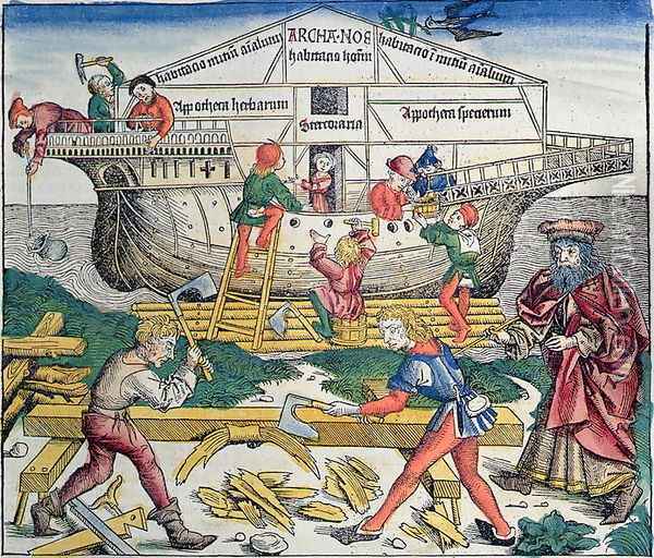 The Building of Noahs Ark, from the Nuremberg Chronicle by Hartmann Schedel, 1493 Oil Painting - Michael Wolgemut