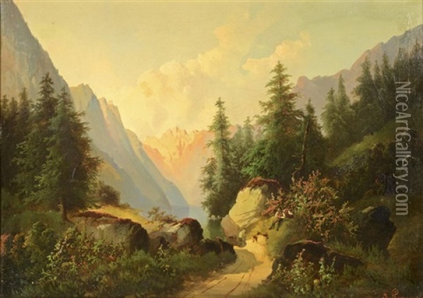Mountain Lanscape With A Path Towards A Lake. Two Huntsmen Resting At The Bank Of A Mountain Lake Oil Painting - Theodore von Ehrmanns