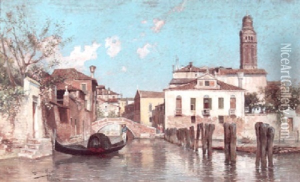 A View Of A Venetian Side-canal With A Figure On A Gondola In The Foreground Oil Painting - Juan Gimenez y Martin