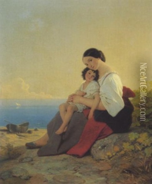 Eine Fischerfrau Mit Kind An Der Italienischen Kuste Oil Painting - Philipp von Foltz