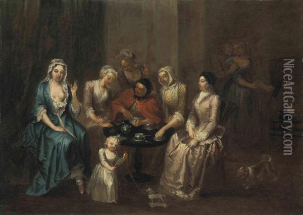 A Group Of Ladies Gathered At A Table With A Fortune Teller Oil Painting - William Jones