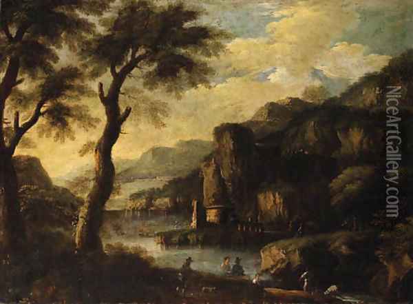 A mountainous River Landscape with Figures on a Path Oil Painting - Jacques d' Arthois