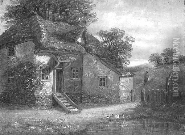 Ducks By The Pond Before A Thatched Cotage Oil Painting - Thomas Smythe