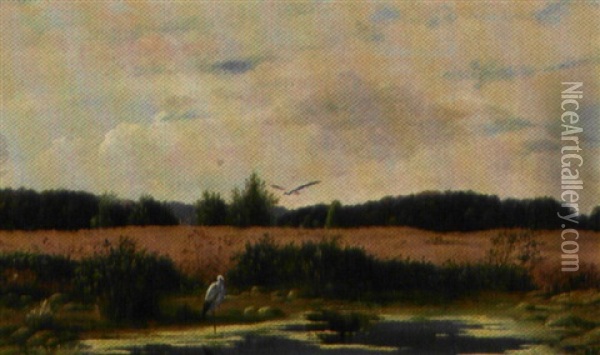 Sommerlandskab Med Storke Ved Et Vandhul Oil Painting - Carsten Henrichsen