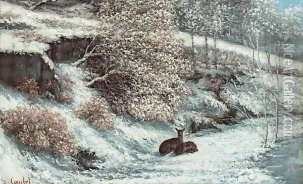 Biches Dans La Neige Oil Painting - Gustave Courbet