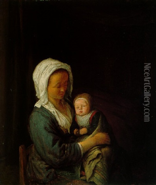A Woman Holding A Child On Her Lap Oil Painting - Adriaen Jansz van Ostade