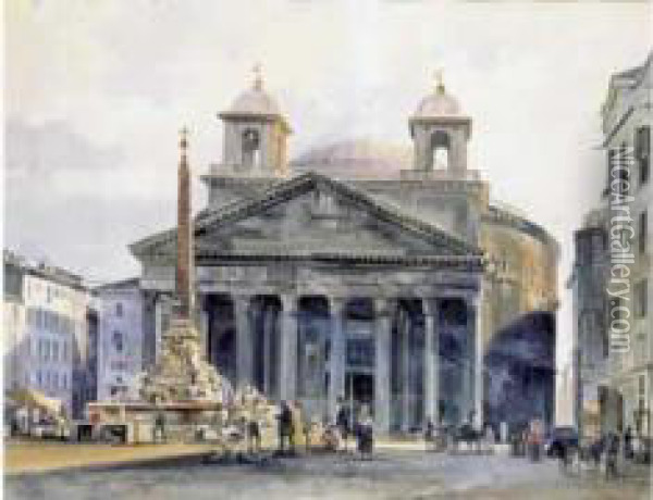 Vue Du Pantheon A Rome Oil Painting - Ippolito Caffi