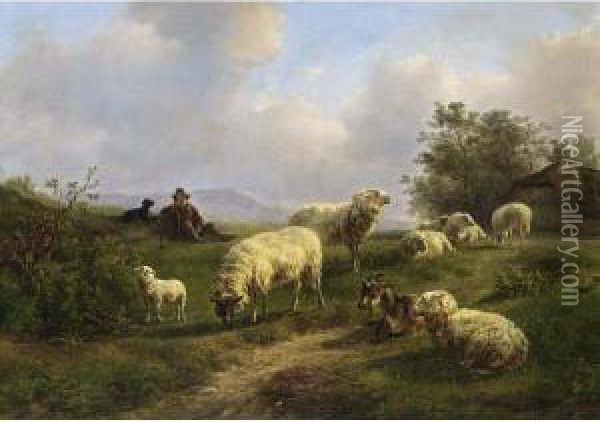 A Shepherd And His Flock At Rest Oil Painting - Jan Bedijs Tom