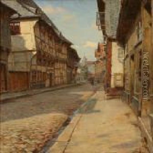 Danish Street Scene With A Church In The Background Oil Painting - Carl Martin Soya-Jensen