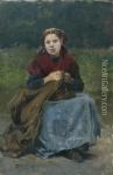 Jeune Femme Cousant Dans Un Paysage Oil Painting - Vaclav Brozik