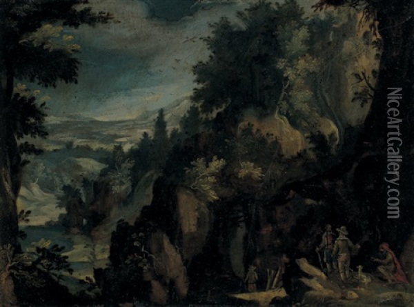 Paysage De Montagne Au Pont (+ Paysage De Montagnes Aux Promeneurs; Pair) Oil Painting - Marten Ryckaert