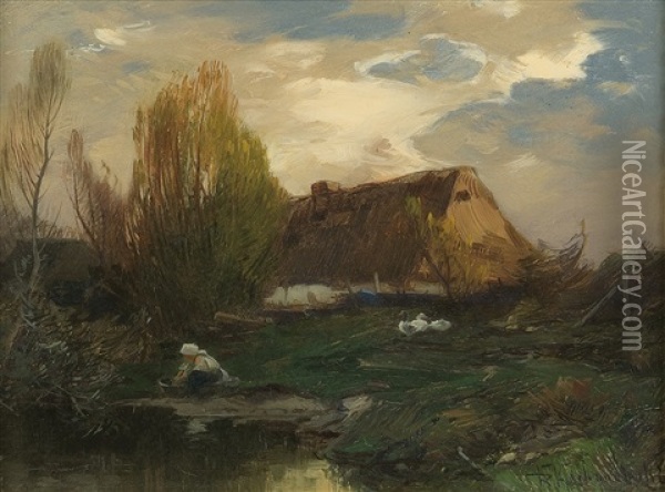 Landscape - Cottage On The Water Oil Painting - Roman Kochanowski