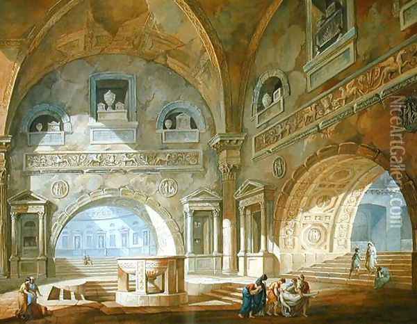 Interior of a mausoleum, 1772 Oil Painting - Charles-Louis Clerisseau