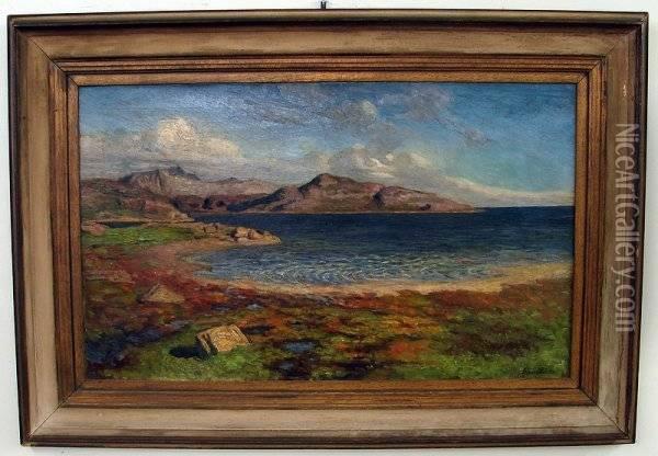 View Overlooking Water With Mountains In Background Oil Painting - Marie Lokke
