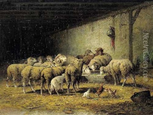 Schafe Im Stall Oil Painting - Adolf Kaufmann