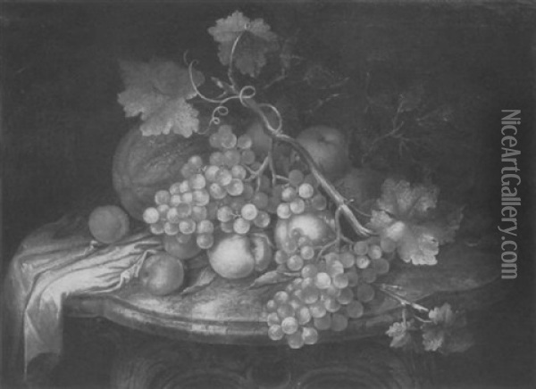 Fruchtestilleben Mit Trauben Und Weinlaub Uber Melone, Apfeln, Pfirsichen Und Aprikosen Auf Einem Marmortisch Oil Painting - Johann Daniel Bager