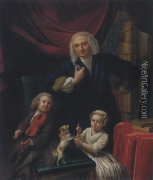 Portrait Of A Family, Yoan Van Wageningen And Children, Yan And Cornelia, In An Interior Oil Painting - Aert Schouman