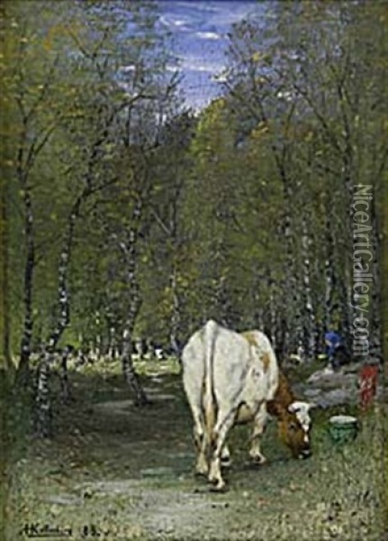 Betande Kor I Landskap Oil Painting - Anders Hanson Kallenberg