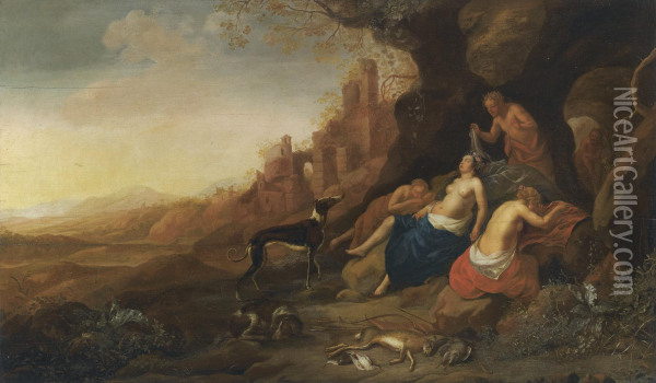 Diana And Her Nymphs Resting After A Hunt With Two Satyrs Spying On Them Oil Painting - Bartholomeus Breenbergh