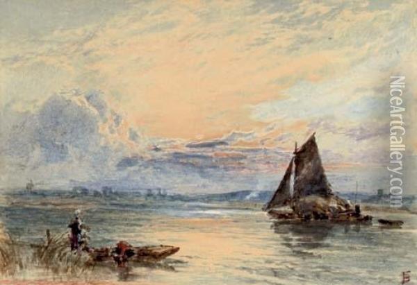 A Loaded Hay Barge On The River At Dusk Oil Painting - Myles Birket Foster