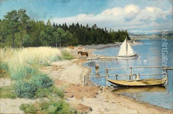 Strandparti Med Lekende Gutt 1886 Oil Painting - Andreas Schelven Sc. Bloch