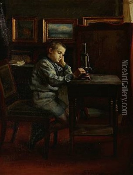 Interior With A Boy Who Plays With His Steam Engine (artist's Son?) Oil Painting - Sophus Vermehren
