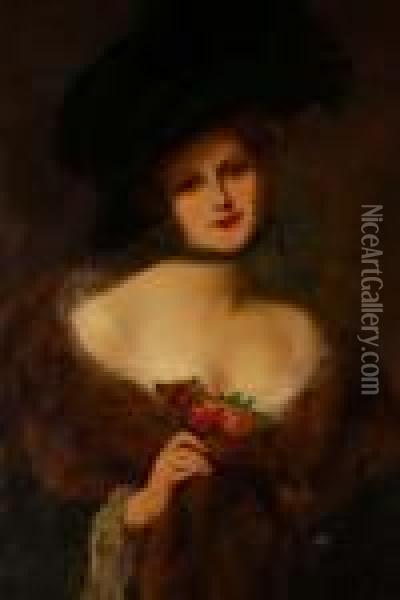 Half Lengthportrait Of A Lady Wearing A Large Green Velvet Hat And Rosetrimmed Stole Oil Painting - Francois Martin-Kavel