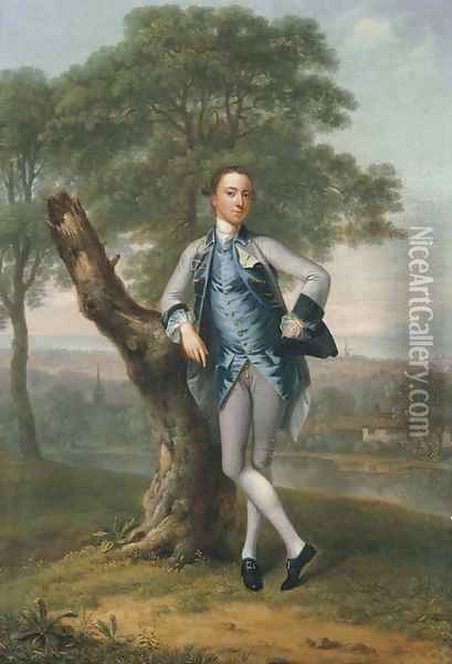 Portrait of Thomas Bateman Lane (b. 1735), small full-length, in a grey suit with a blue waistcoat, holding a tricorn in his left hand Oil Painting - Arthur Devis