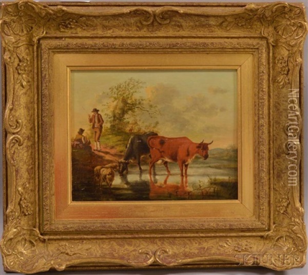 Cows And Sheep At A Stream Oil Painting - Henry Milbourne