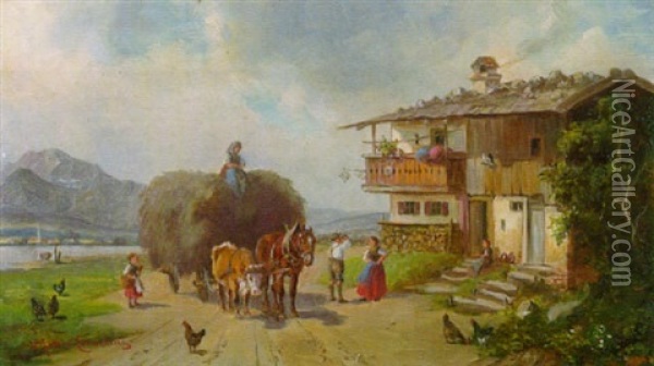 Heufuhrwerk Vor Dem Bauernhaus An Einem Oberbayerischen See Oil Painting - Ludwig Mueller-Cornelius