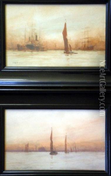 'off Rotherhithe' & 'out With Wind And Tide, Offlimehouse' Oil Painting - William Minshall Birchall