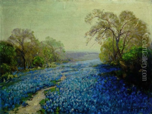 Blue Bonnets, Sunny Morning, San Antonio, Texas Oil Painting - Julian Onderdonk