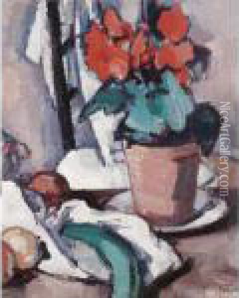 Still Life With Geraniums Oil Painting - Samuel John Peploe