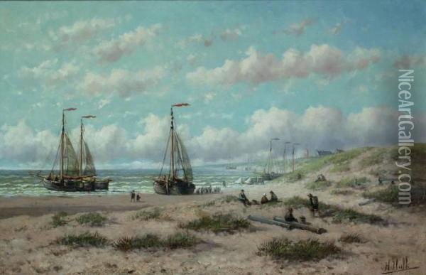 Bomschuiten En Badwagens Aan Het Strand, Vermoedelijk Ter Hoogte Van Katwijk Oil Painting - Hendrik Hulk