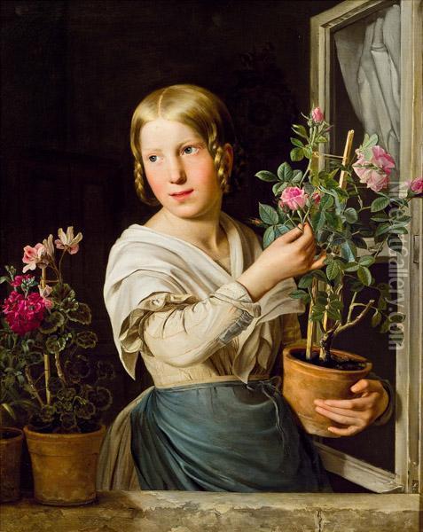 Junges Madchen Am Fenster Mit Blumenstocken Oil Painting - Rosalia Amon