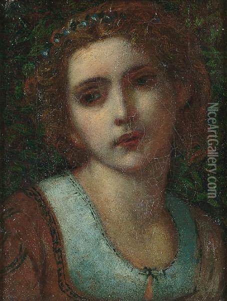 A Portrait, Bust Length Of A Young Girl With Flowers In Her Hair Oil Painting - George Frederick Watts