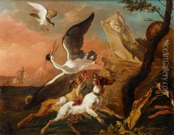 Jagdhunde Und Ein Greifvogel Jagen Einen Reiher Oil Painting - Abraham Danielsz Hondius