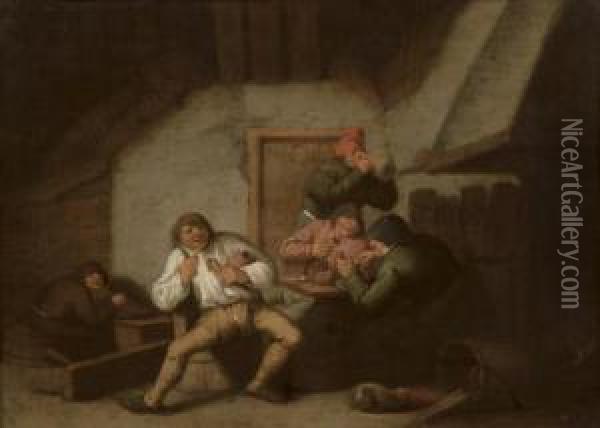 The Sense Of Taste: Boors Drinking And Smoking By A Fireplace In An Inn Oil Painting - Anthonie Victorijns