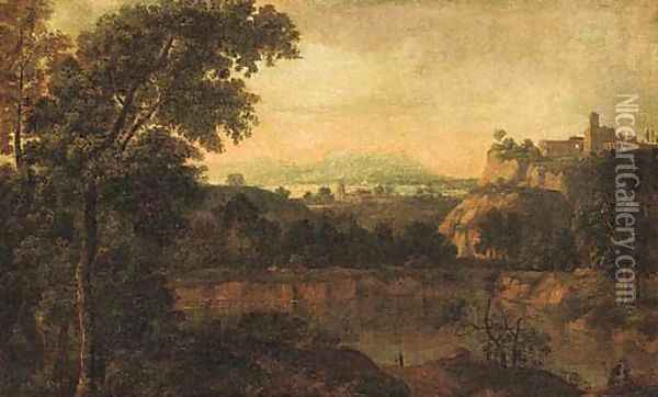 An extensive classical landscape with travellers near a lake Oil Painting - Nicolas Poussin