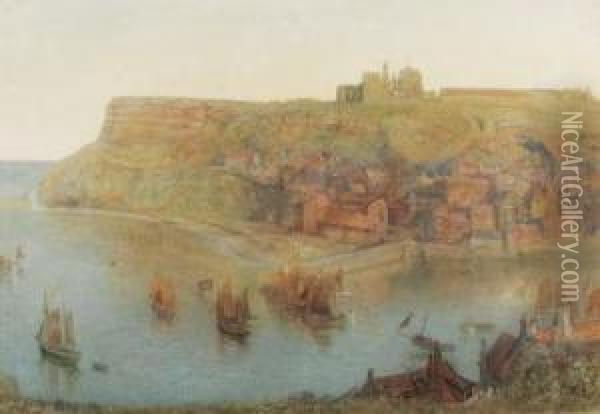 Whitby Abbey, With Boats Sailing Out Of The Harbour Oil Painting - Alfred William Hunt